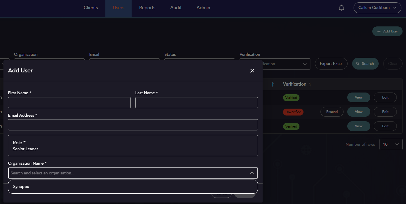 A screenshot of the user page